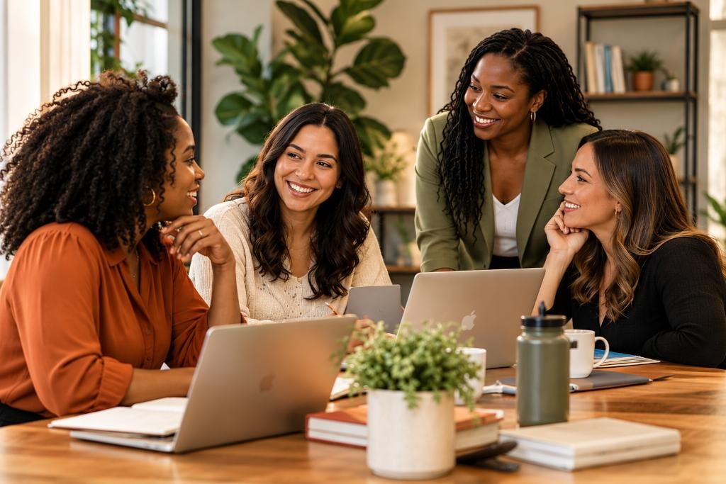 Four professional women collaborating together — Career Circle group coaching